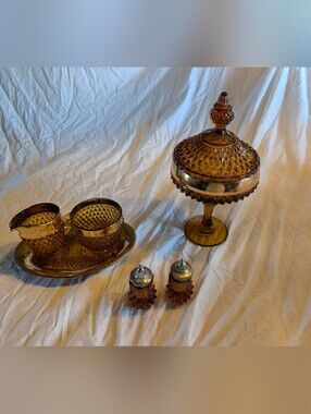 2/160$ Set Indiana Glass Amber Diamond-Cut Covered candy dish with serveware